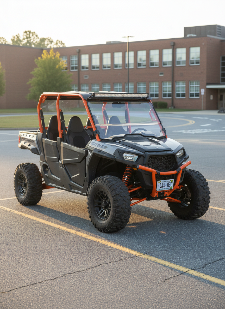 A rugged, street-legal UTV with a bright orange roll cage, chunky all-terrain tires, and a clean North Carolina license plate mounted on the rear, parked confidently at the edge of a small-town high school parking lot. Yellow painted lines and a brick school facade with large windows form the backdrop, with a clearly marked drop-off loop curving behind. Early morning, slightly golden sunlight casts crisp shadows and glints off the UTV’s metal panels and LED light bar. Photographic realism at eye level, with the machine centered in the frame and the school softened in the background, creating a bold, adventurous yet responsible mood that emphasizes daily high school commuting on local roads.