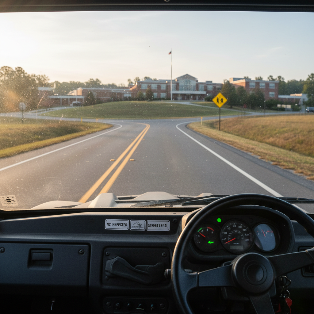 An interior cockpit view from the passenger seat of a street-legal UTV traveling along a two-lane North Carolina country road toward a distant high school complex, framed through the windshield. The dashboard with speedometer, turn signal indicator, and neatly mounted safety stickers is in crisp focus, while the asphalt road with double yellow lines, reflective markers, and a visible school zone sign ahead gradually softens into the distance. Early morning light streams through the windshield, creating gentle reflections on the clear safety glass and textured steering wheel. Photographic realism with a subtle wide-angle lens, capturing both the intimate cabin details and the open road. The mood is bold and anticipatory, emphasizing legal, safety-aware commuting rather than thrill-seeking.