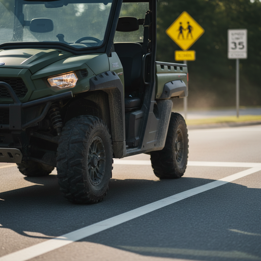 A close-up, three-quarter front view of a street-legal UTV idling at a clearly marked North Carolina intersection near a school zone, its turn signal softly glowing amber against a matte dark-green body and protective skid plates. The UTV sits in a designated lane with fresh white road markings, a visible speed limit sign and a yellow school zone warning sign receding into shallow-focus background. Late afternoon sunlight slants in from the side, catching dust on the tires and creating strong but natural contrast. Shot from a low angle with photographic realism, the composition uses rule of thirds to place the UTV forward and slightly off-center, conveying a bold, safety-conscious atmosphere of real-world road use.