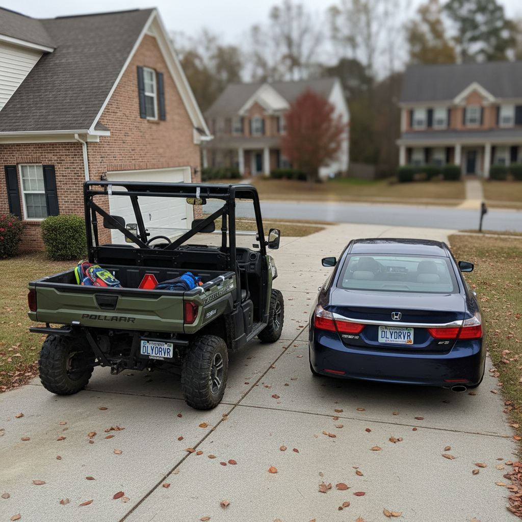 A tidy, organized driveway scene featuring a street-legal UTV parked beside a traditional sedan in front of a modest North Carolina suburban home, showcasing the UTV as an everyday commuter vehicle for school days. The UTV’s mirrors, windshield, and license plate are clearly visible, with reflective tape on the roll cage and a small reflective triangle on the rear. Overcast morning light creates soft, diffused illumination with minimal harsh shadows. Fallen leaves and a quiet cul-de-sac stretch into the background in gentle bokeh. Photographic realism from a slightly elevated angle, emphasizing practical details like storage compartments, seat belts, and road-ready tires, creating an atmosphere that is bold yet approachable, focused on responsible daily use rather than extreme off-roading.